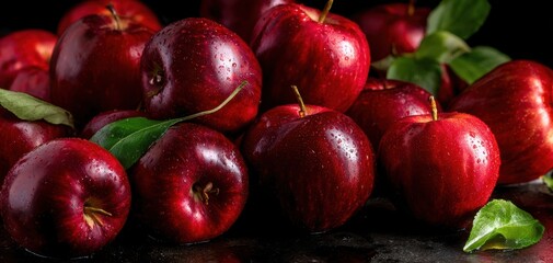 Wall Mural - The vibrant red apples glistening with water droplets in a rustic arrangement.