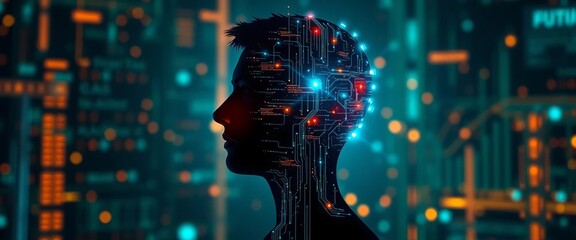 Wall Mural - Abstract head silhouette, glowing data streams inside, futuristic tech interface,  abstract,  employee