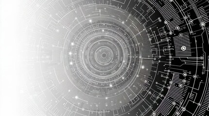 Wall Mural - Circular technology design with intricate white lines and circuit board patterns on gradient background