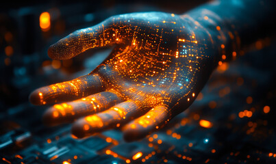 Futuristic digital hand with glowing orange circuit patterns representing AI technology and automation in software and IT services innovation concept