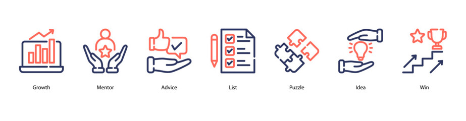 Growth Mindset web banner icon vector illustration featuring Growth, Mentor, Advice, List, Puzzle, Idea, and Win.