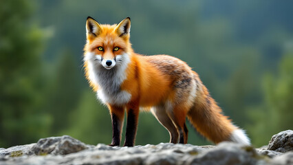 a fox standing on a rocky surface with a blurred green forest background in the distance outdoors vi