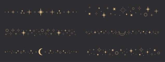 Wall Mural - Mystical celestial border divider with stars, moons, and sparkles. Elegant golden ornament set for tarot, magic, and spiritual designs.