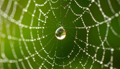 Dew-covered spiderweb with a large central drop reflecting the surroundings against a blurred green background