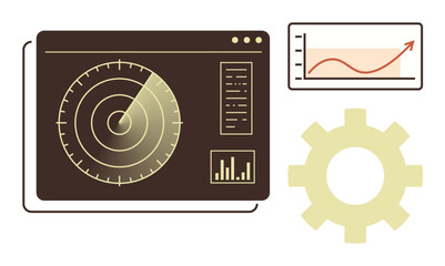Digital radar interface with scanning waves, gear icon, and upward graph representing growth and tracking. Ideal for business, technology, analytics, planning, efficiency, development statistics
