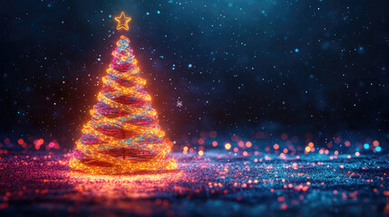 Wall Mural - futuristic neon christmas tree on glowing background with empty space for text or product display, p