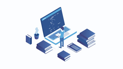 Isometric view of a person coding on a laptop surrounded by books and a cup on a white background