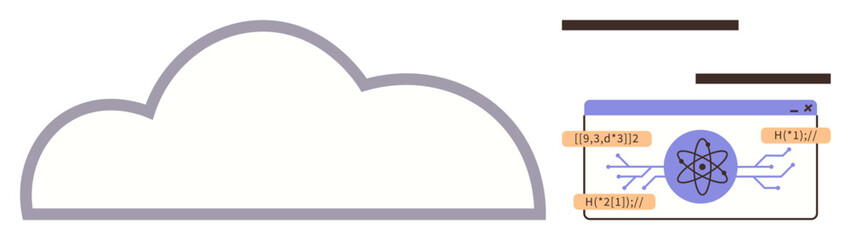Cloud outline next to a digital interface window featuring an atomic icon and data labels. Ideal for cloud technology, programming, science, innovation, logistics, data analysis, simple flat metaphor