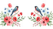 © bangoji - Two charming birds perch among vibrant floral arrangements in a delightful symmetrical composition, perfect for spring