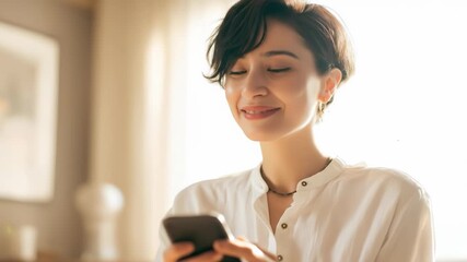A woman is smiling while holding a cell phone. She is looking at the screen and she is enjoying herself