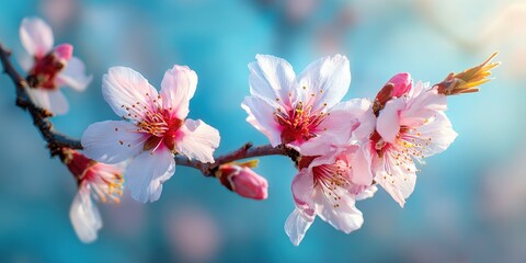 Stunning Almond Tree Branch Adorned with Vibrant Spring Blossoms, Bathed in Sunlight, Perfect for Nature-Inspired Banners and Backgrounds