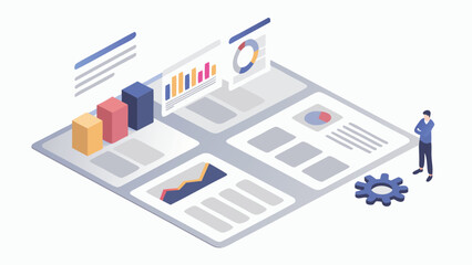 Isometric view of two developers discussing code on laptop and desktop screens with gear icons near by