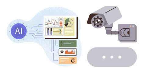 Security camera and data visualization interface linked with AI algorithms. Ideal for monitoring, automation, innovation, technology, data analysis, cybersecurity, machine learning. Simple flat