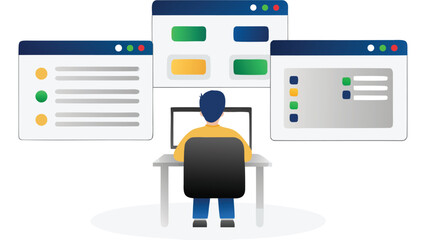 Person working at desk with computer and multiple windows open showing different interfaces and buttons