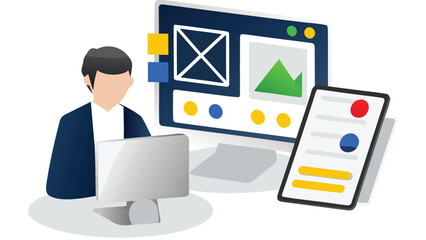 Illustration of a person working at a computer with a tablet and a large monitor display