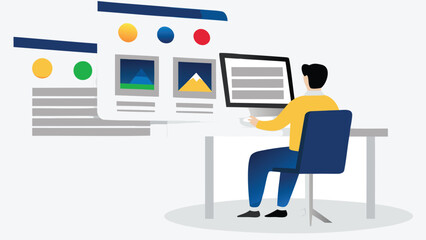 Illustration of a person sitting at a desk working on a computer with colorful interface elements