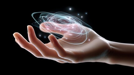 Wall Mural - Illuminated Hand with Sparkling Energy and Light Effects Against a Black Background