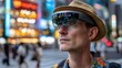 © BEN - Man in Modern Glasses and Hat Observing Urban Landscape at Night in a Vibrant City