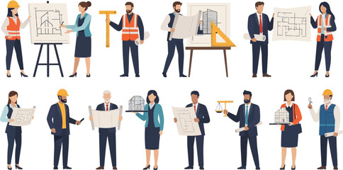 Group of diverse architects and engineers presenting building plans and architectural models on white background