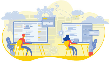 Two developers coding on computers in a collaborative cloud environment with gear and cloud icons