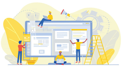 Teamwork on a website development project with people and computer screen and ladder and megaphone and gear