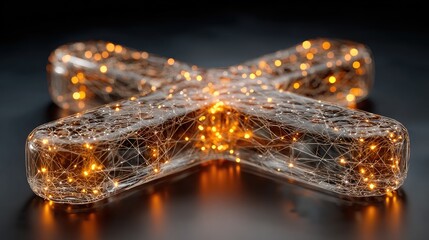 Illuminated cross-shaped object, glass-like, glowing orange dots, intricate network