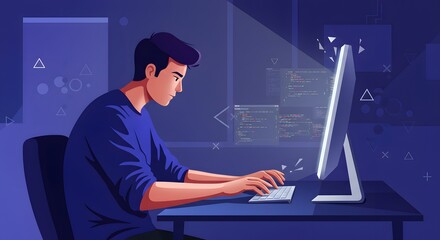 Programmer Coding on Computer, Modern Digital Illustration, Blue Tones.