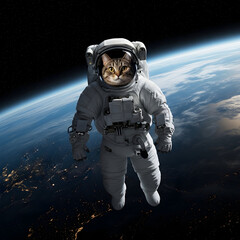 whimsical cat astronaut floats majestically above earth, a surreal space adventure.