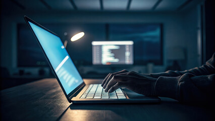 Programming coding software development on laptop computer at night for cyber security and data analysis