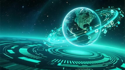 Earth planet glowing in blue space with global digital network concept