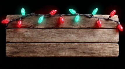Wall Mural - wooden sign with christmas lights on it. the lights are green and red. the sign is on a black backgr