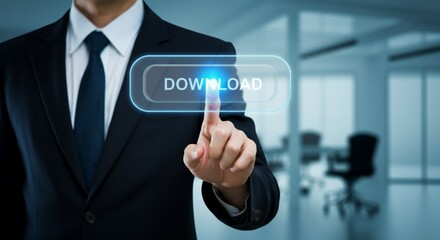 Businessman Touching Virtual Download Button in Digital Interface.