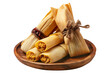 © Vasyl Onyskiv - Assorted Mexican tamales with meat, rice, and corn filling wrapped in corn husks on wooden plate, isolated on white background