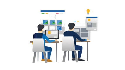 Two designers working on computers with web layouts and a lightbulb above one screen