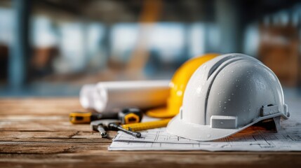 Hard hats, blueprints, and tools are arranged neatly on a wooden surface at a construction site. Natural light fills the background, showcasing the bustling environment