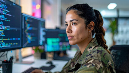 A woman coding at her computer. Focus is on the woman who is working with lines of code displayed on multiple screens
