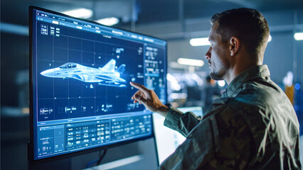 An engineer working on aircraft design, interacting with a large digital display