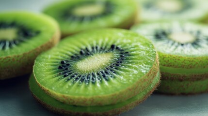 Wall Mural - The vibrant slices of kiwi showcasing their unique textures and colors.