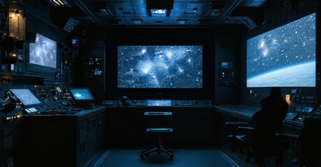 Dark spaceship bridge. Multiple screens display space views. Person seated at controls, monitoring distant galaxies. Interior feels futuristic, complex.