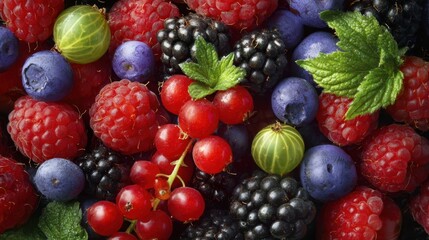 Wall Mural - The vibrant assortment of fresh berries with mint accents for healthy delights