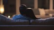 © nana - Two people sitting closely on a dark sofa, backs facing, in a dimly lit room with a cozy ambiance,