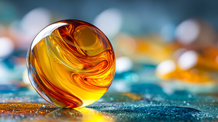Abstract glass sphere with swirling amber and red tones, resting on a blue surface with bokeh effect background. Artful sphere.
