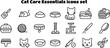 © Youfec - Set of  cat care essentials icons set including litter scoop, toy mouse, food bowl, collar, sitting cat, litter box, carrier, yarn ball, scratching post, grooming brush, medical kit, syringe