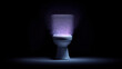 © JB - UV Light Scan, A minimalist illustration of toilet in a dark bathroom, with a beam of purple UV light revealing glowing green bacteria on its surface. High contrast, futuristic feel. 3d illustration.