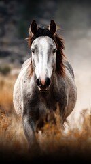 Naklejka na meble Majestic gray horse galloping through tall grass in a serene landscape at dusk