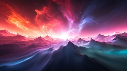 Fiery cosmic nebula illuminating alien mountain range cosmos mountains