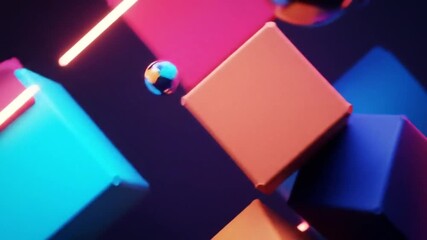 Abstract 3D Geometric Shapes with Neon Lights and Spheres