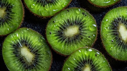 Wall Mural - The vibrant and juicy slices of kiwi with water droplets glistening.