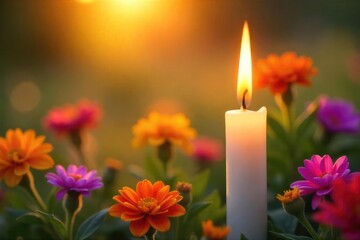 Wall Mural - Close-up of a flickering candle flame against a backdrop of vibrant summer wildflowers, bathed in golden sunlight The intense heat shimmers in the air above the flame , wildflowers, detail, green