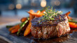 © Maksym - Juicy steak cooked to medium-rare pinkness, plated with tender roasted carrots glazed with savory caramel sauce, all set on a dark wooden plank table under gentle evening light